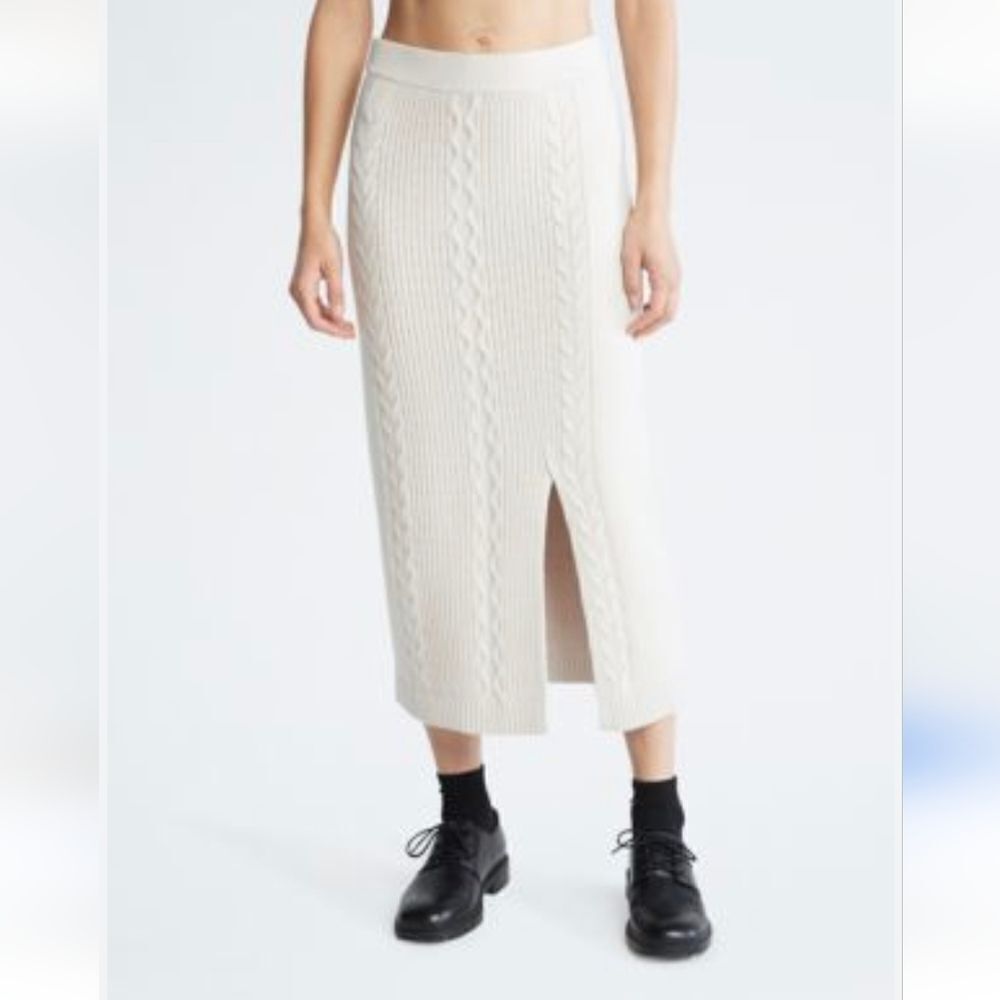 Calvin Klein Cable Knit Midi Skirt Size Medium In Ivory